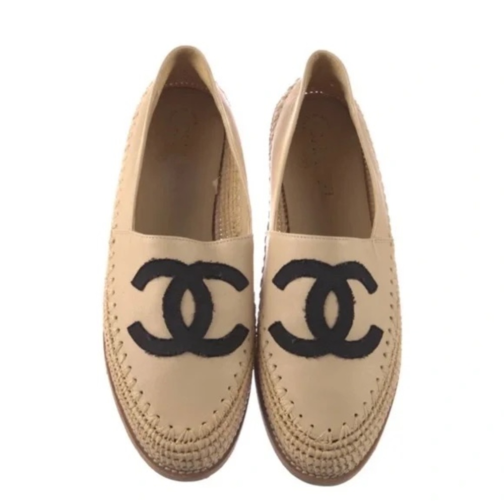 Authentic CHANEL Tan and Black Espadrilles with Iconic Logo